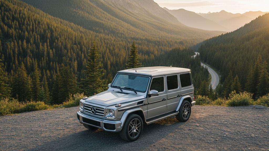 Silver Mercedes-Benz G-Wagon parked on a gravel overlook with a winding mountain road and pine forests stretching into the distance at sunset.
