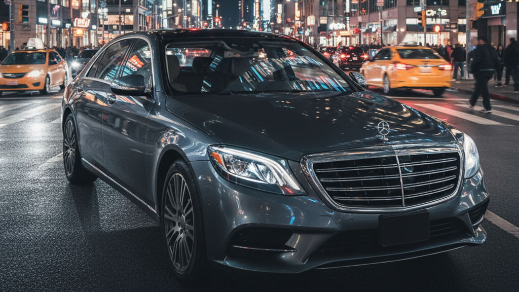 Mercedes S-Class City Night - Ride Legal Grey Mercedes-Benz S-Class sedan driving on a busy city street at night with bright lights and yellow cabs.