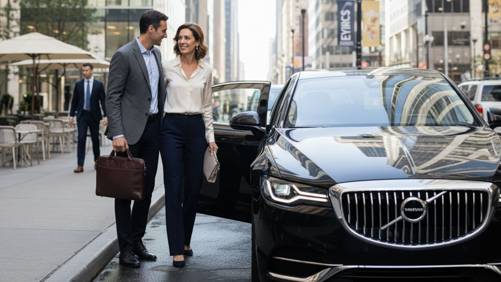 Business Couple Arriving in City by Volvo Car - Ride Legal A well-dressed couple, a man holding a briefcase and a woman in business attire, walk towards an open door of a sleek black Volvo sedan parked on a city street, with an outdoor cafe and office buildings in the background.