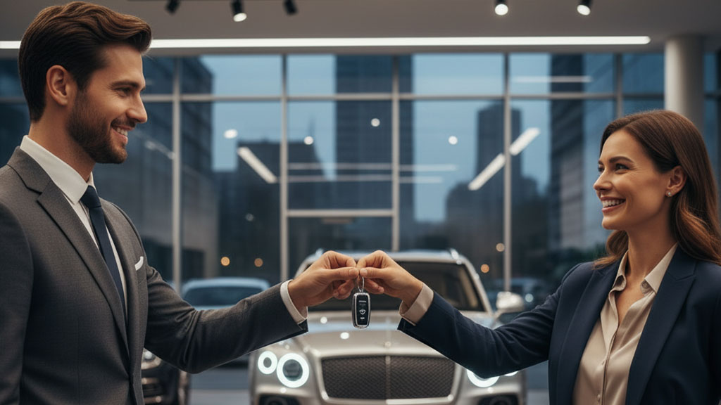 Car Salesman Handing Keys to Happy Customer - Ride Legal A smiling car salesman in a suit hands car keys to an equally happy female customer in a professional outfit, with new luxury cars visible in the background of a modern dealership showroom.
