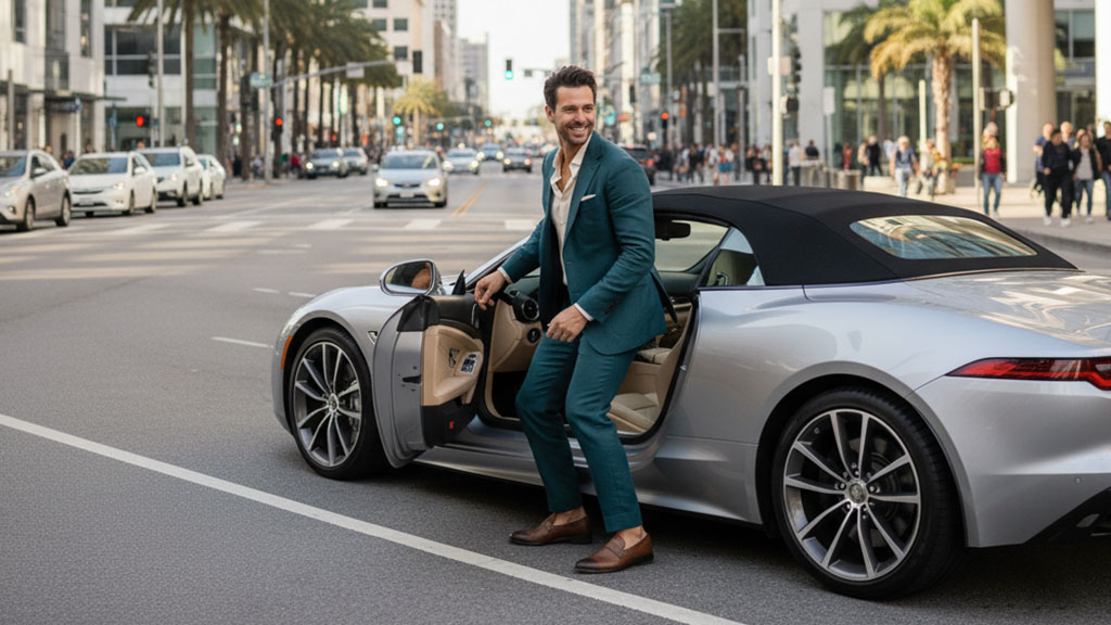 Man with Jaguar F-Type Convertible - Ride Legal Smiling man in a teal suit getting out of a silver Jaguar F-Type convertible on a busy city street with palm trees and pedestrians.