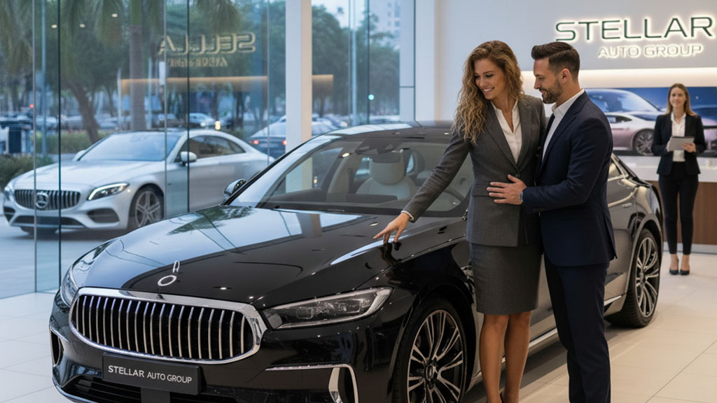 Couple Buying New Car at Stellar Auto Group - Ride Legal Happy couple looking at a new black luxury sedan in a modern car dealership showroom with "Stellar Auto Group" branding.