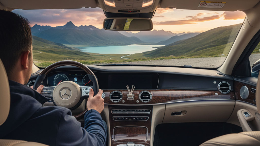 Driver's perspective from inside a luxury car, showing a man's hands on the steering wheel, looking out at a stunning mountain lake and winding road at sunset.