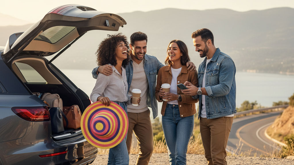 Friends on a Road Trip - Ride Legal Four happy friends laughing together on a scenic road trip, standing by an open car trunk filled with luggage, overlooking a winding road and lake at sunset.