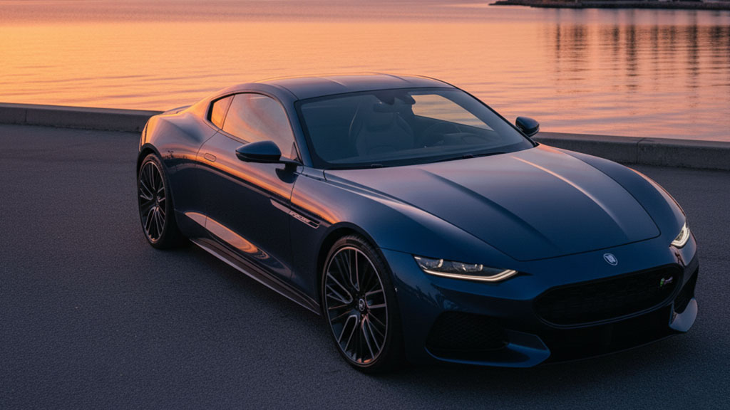 A luxurious dark blue sports car with sleek lines and black multi-spoke wheels is parked on a paved area next to a calm body of water, reflecting the warm orange and pink hues of a sunset.