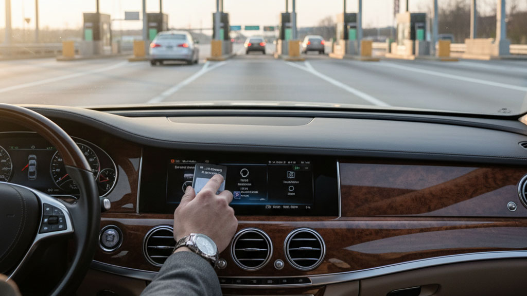 Driver Using Infotainment System at Toll Booths - Ride Legal A driver's hand operates the touchscreen infotainment system inside a luxurious car with wood trim, while approaching a series of toll booths on a highway, with other cars visible in the lanes ahead under sunlight.