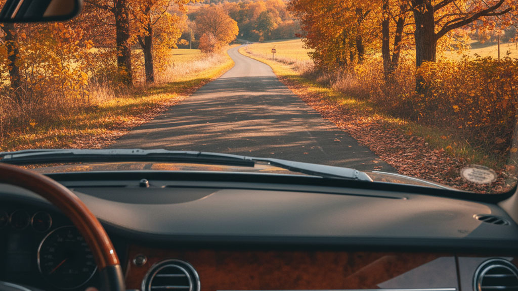 Autumn Road Trip View - Ride Legal Driver's view from inside a luxury car with a wood-grain dashboard, looking down a narrow, leaf-covered road through a vibrant autumn forest.