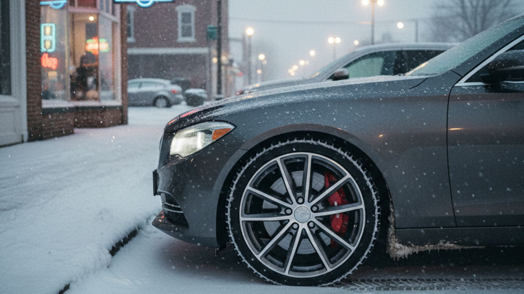 Luxury Car in Snow - Winter City Street Scene - Ride Legal Close-up of a gray luxury car's front wheel with red brake calipers, parked on a snow-covered street during winter, with blurred city lights in the background.