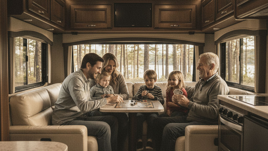 RV Family Game Night - Ride Legal Multi-generational family playing board games and cards inside a cozy RV with large windows showing a forest view.
