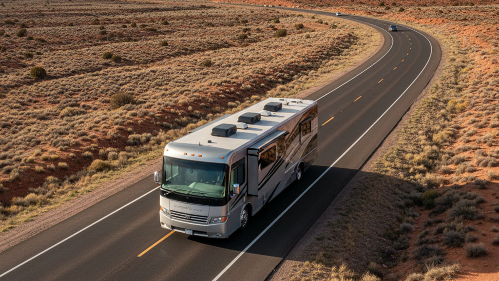 RV Road Trip: Desert Highway Adventure - Ride Legal An aerial view of a large Class A motorhome driving on a winding desert highway, surrounded by arid landscape and distant hills under a clear sky.