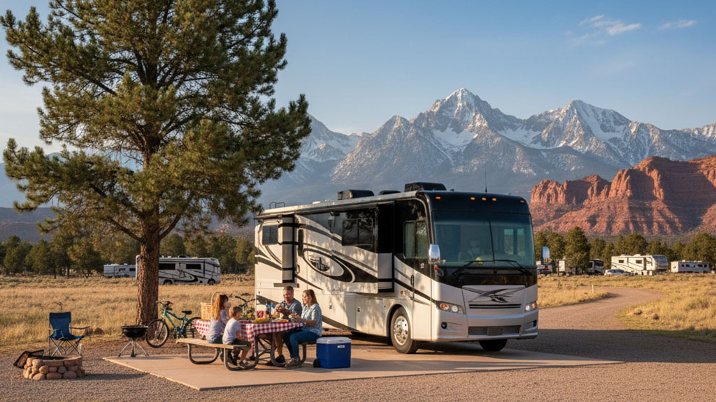Family RV Camping: Mountain Views and Outdoor Dining - Ride Legal Family enjoying a picnic outside their large luxury RV at a campsite with stunning views of snow-capped mountains and red rock formations in the background, perfect for a scenic outdoor adventure.