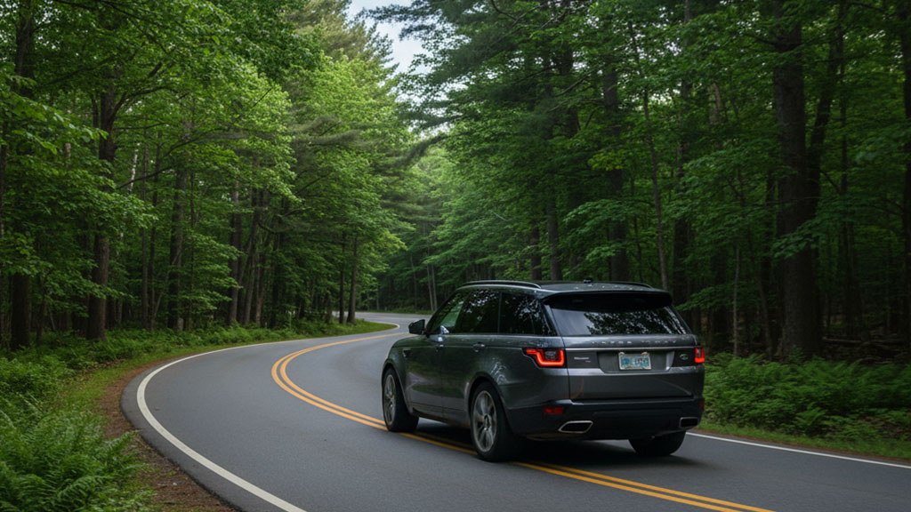 Range Rover Driving Through Forest - Scenic Road Trip - Ride Legal Rear view of a dark gray Range Rover SUV driving on a winding asphalt road through a dense, lush green forest on a clear day.