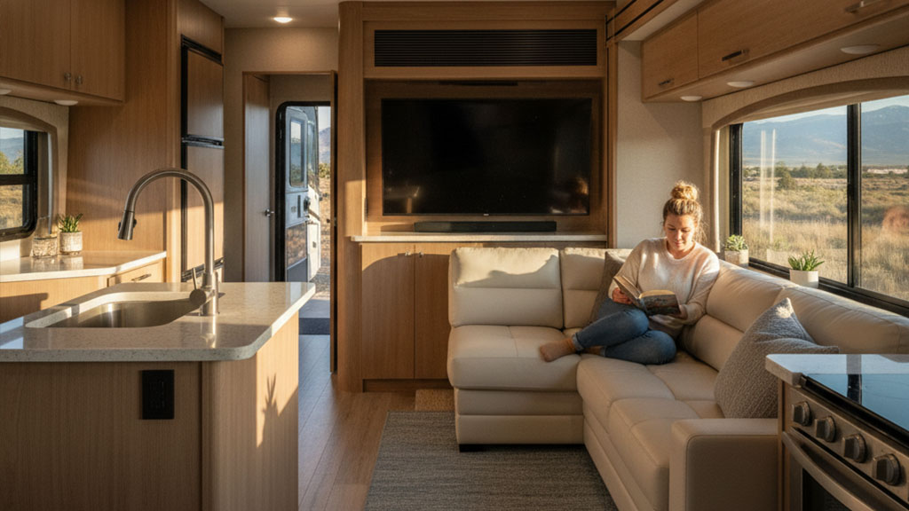 Cozy RV Interior: Relaxing Mobile Living with a View - Ride Legal Woman relaxing on a comfortable L-shaped sofa in a modern RV interior, reading a book with large windows showcasing a scenic desert landscape outside, perfect for mobile living and travel.