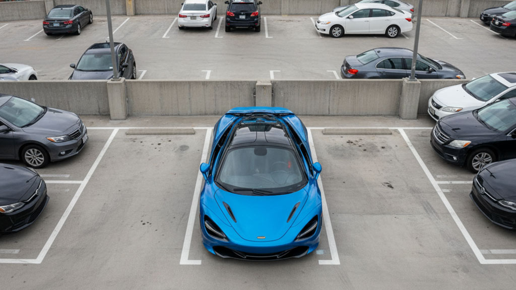 Blue McLaren 720S in Parking Garage - Luxury Car Overhead View - Ride Legal Overhead view of a vibrant blue McLaren 720S convertible sports car prominently parked in a parking garage space, surrounded by various other cars.