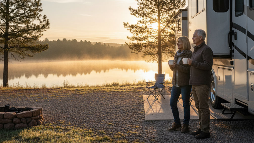 Couple Enjoying Morning Coffee by RV and Misty Lake - Sunrise Camping - Ride Legal A middle-aged couple standing outside their RV, holding coffee mugs, and admiring a serene misty lake at sunrise with pine trees and a fire pit in the foreground.