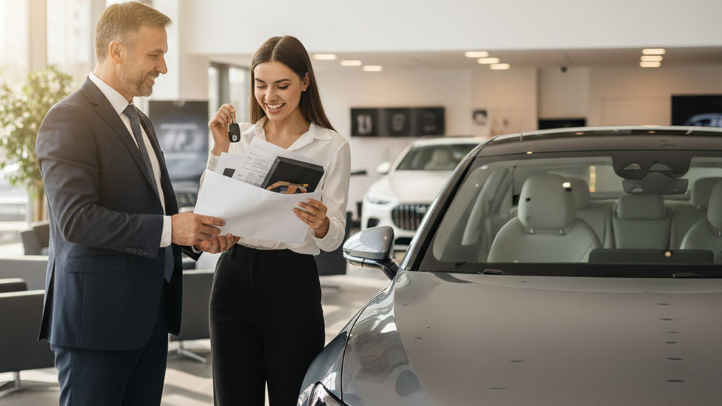 New Car Purchase: Happy Customer Receives Keys at Dealership - Ride Legal Happy woman receiving new car keys and documents from a smiling car salesman at a modern dealership, symbolizing successful vehicle purchase and customer satisfaction.