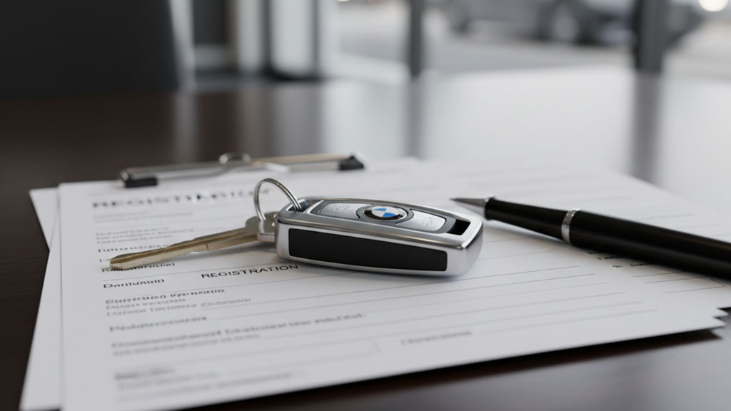 Car Keys and Registration Papers - Vehicle Ownership Documents - Ride Legal Close-up of BMW car keys and a pen resting on vehicle registration documents, suggesting a car purchase, rental, or administrative process.