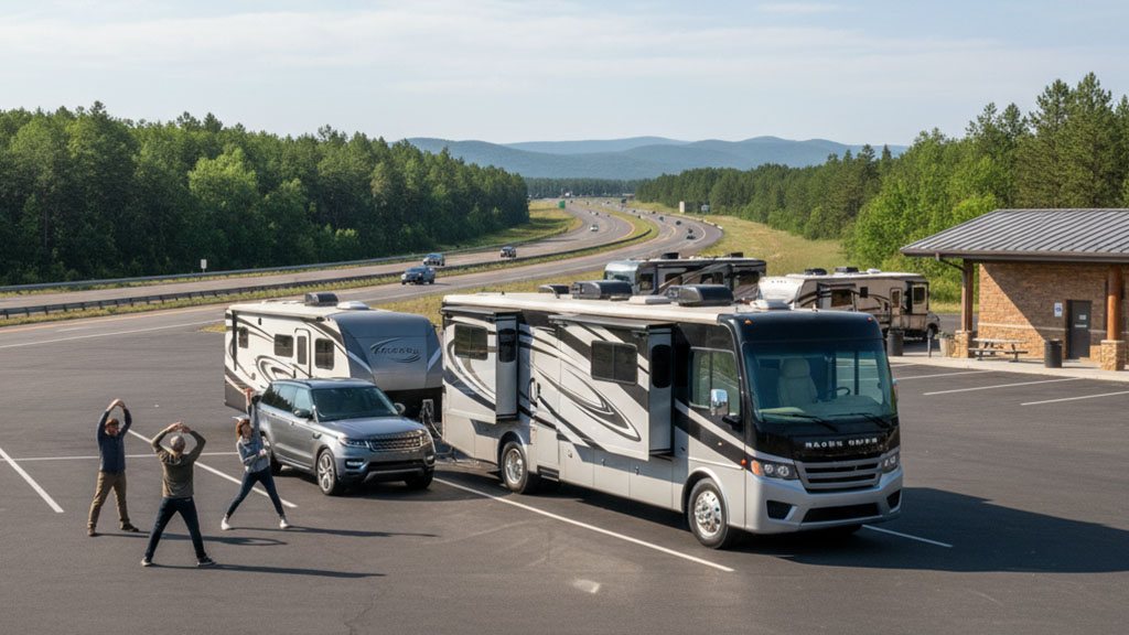 Family Stretching at RV Rest Stop - Road Trip Break - Ride Legal A family stretching and doing exercises in a large RV parking lot at a rest stop, with an RV, a travel trailer, an SUV, and other vehicles parked, and a highway and forested mountains in the background.