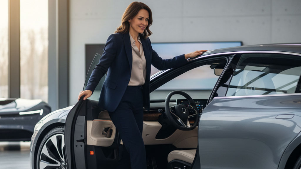 Businesswoman Entering New Car - Showroom Experience - Ride Legal A smiling businesswoman in a navy suit stepping into a modern gray car in a bright showroom, looking towards the driver's seat.