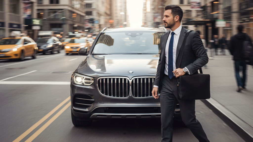 Urban Professional: Businessman Crossing Street with Luxury SUV - Ride Legal Confident businessman in a suit carrying a briefcase, crossing a busy city street with a dark luxury SUV and yellow taxis in motion in the background, depicting urban professional life.