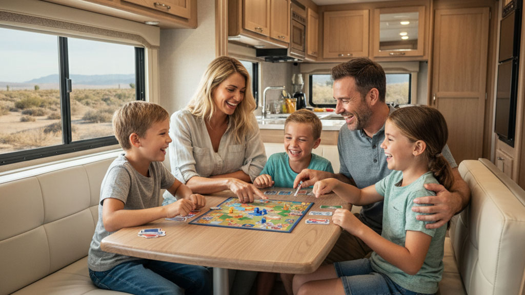Family Playing Board Game in RV - Road Trip Fun - Ride Legal A happy family of four, including two parents and two children, playing a board game together inside a modern RV with a desert landscape visible outside the window.