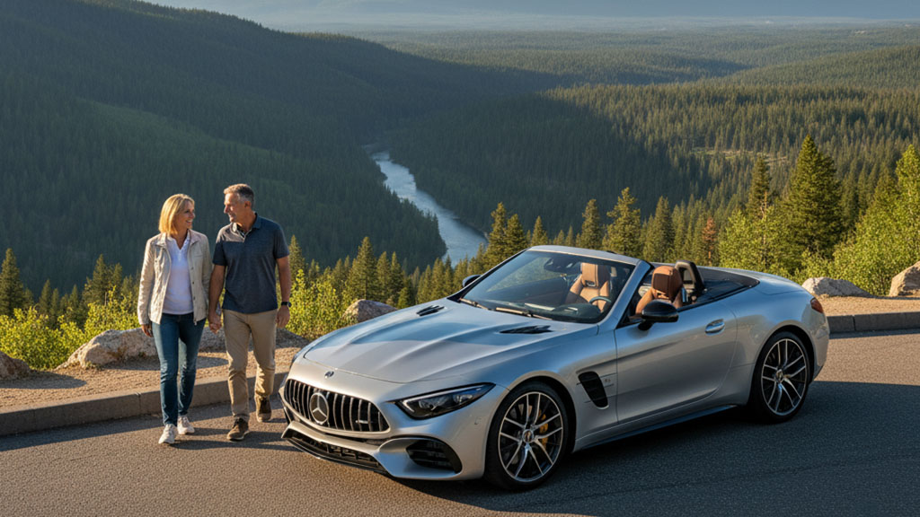 A happy couple holding hands and walking next to a silver Mercedes-Benz convertible sports car, parked on a scenic mountain road overlooking a winding river and a dense evergreen forest.
