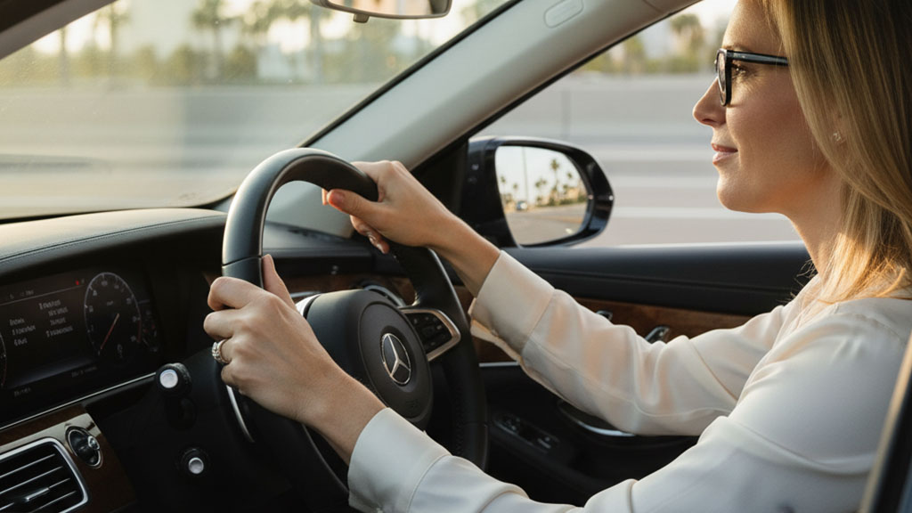 Woman Driving Luxury Car - Focused on the Road - Ride Legal Side profile of a focused woman with glasses driving a luxury car, with her hands on the steering wheel and a blurred urban background visible through the window.