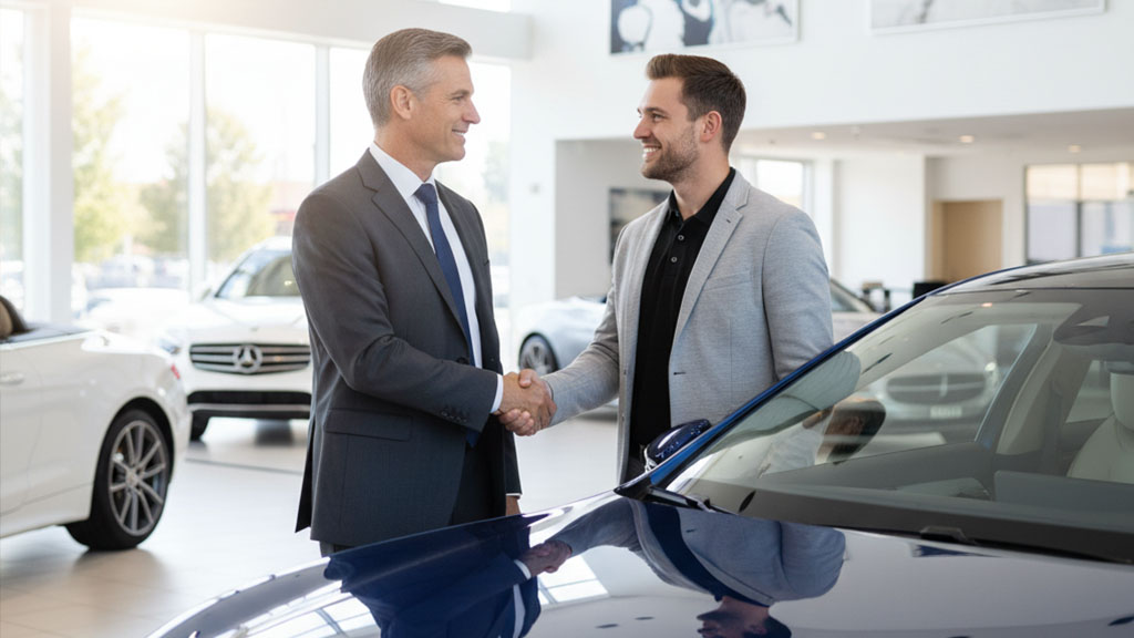 Successful Car Deal: Salesman and Customer Shaking Hands at Dealership - Ride Legal Smiling car salesman in a suit shaking hands with a happy male customer in a modern car dealership, finalizing a successful vehicle purchase.