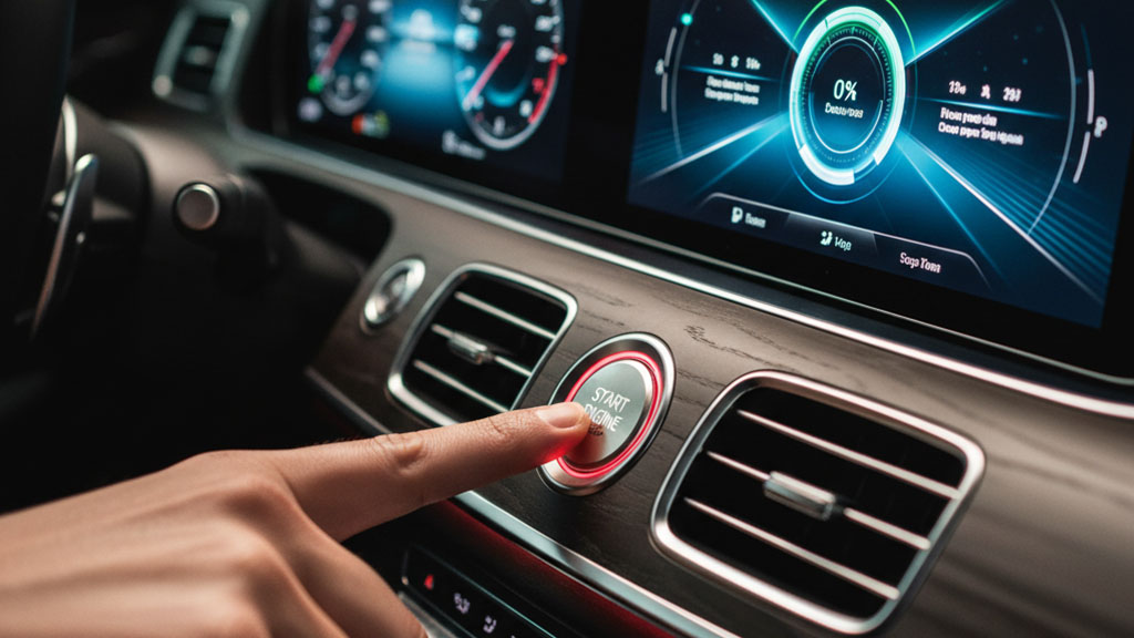 Starting Car Engine - Push Button Ignition System - Ride Legal A finger presses the illuminated "START ENGINE" button on a luxury car's dashboard, with digital instrument clusters and infotainment screen visible in the background.