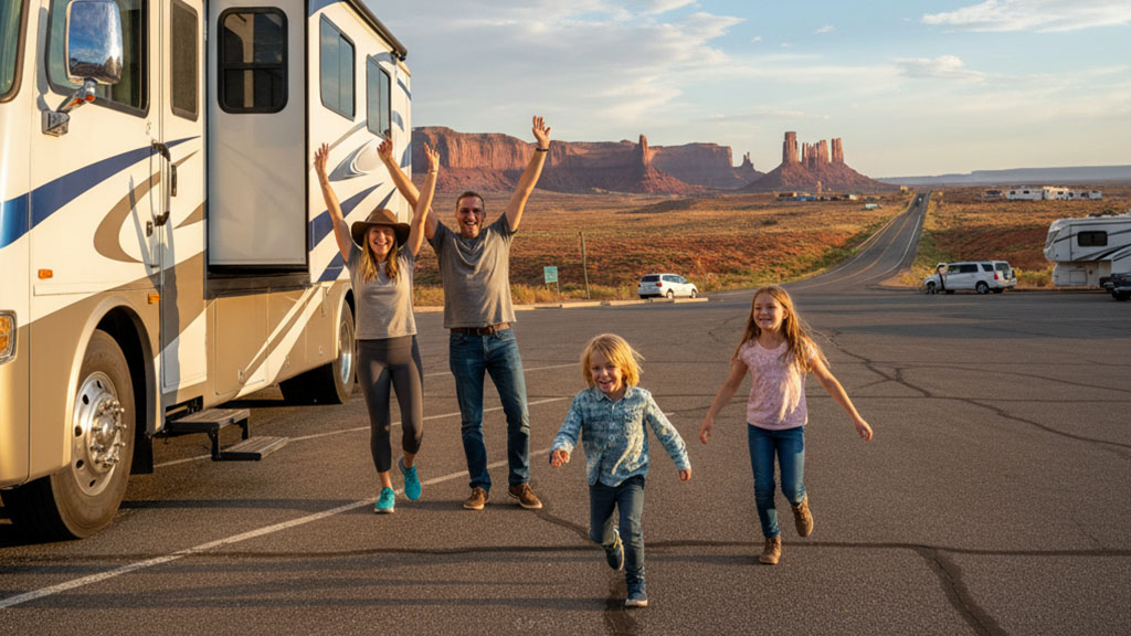A joyful family of four, including two adults and two young children, standing and running in front of their RV with arms raised, celebrating in a scenic desert landscape with buttes and a road in the background.