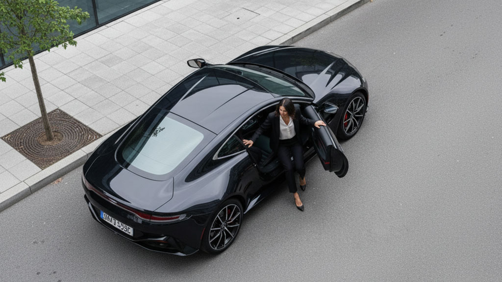 Businesswoman Exiting Luxury Car - Urban Elegance - Ride Legal Overhead view of a businesswoman in a suit stepping out of a sleek black luxury sports car parked on a city street with a tree and sidewalk visible.