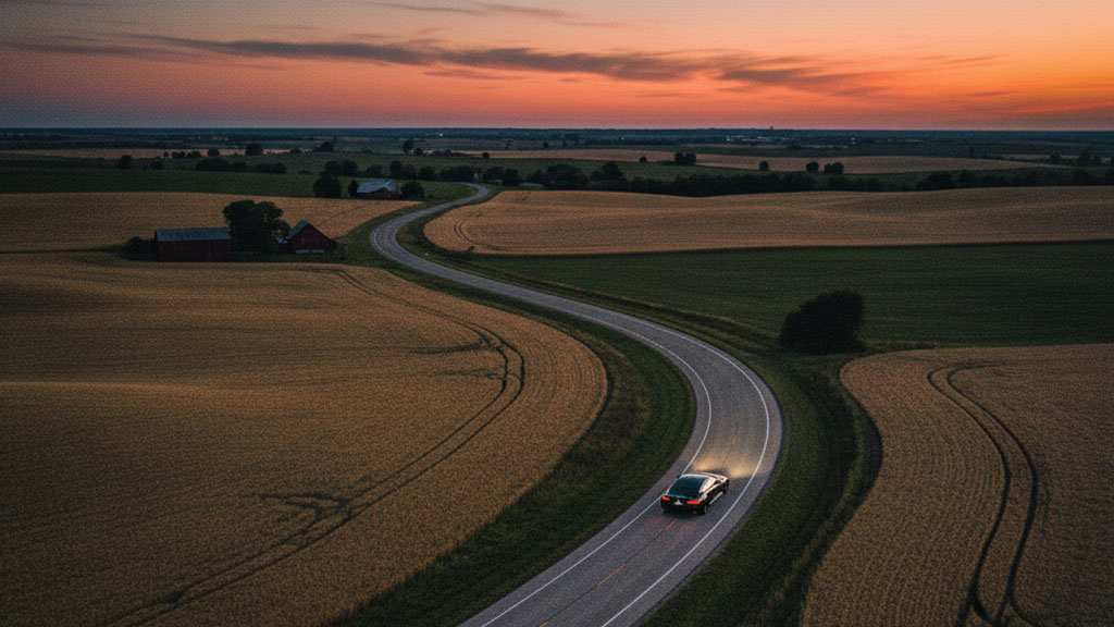 Car on Winding Road at Dusk - Rural Farmland Drive - Ride Legal Aerial view of a black car with headlights on, driving along a winding road through golden crop fields at dusk, with a red barn and subtle stars visible in the colorful sky.