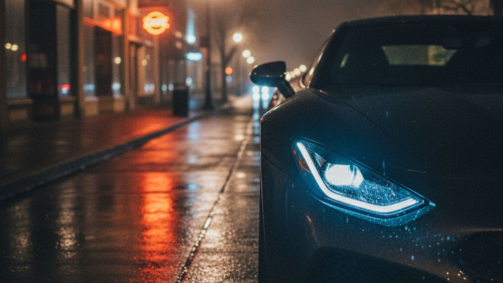 Sports Car Headlight on Wet City Street - Night Scene - Ride Legal Close-up of the glowing LED headlight of a dark sports car parked on a wet city street at night, with blurred neon lights and reflections from storefronts.