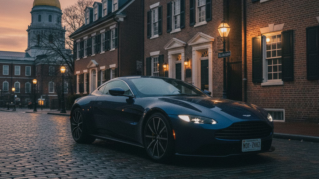 A dark blue Aston Martin luxury sports car with headlights on, parked on a wet cobblestone street in a historic city, with old brick buildings and a dome-topped structure in the background at dusk.