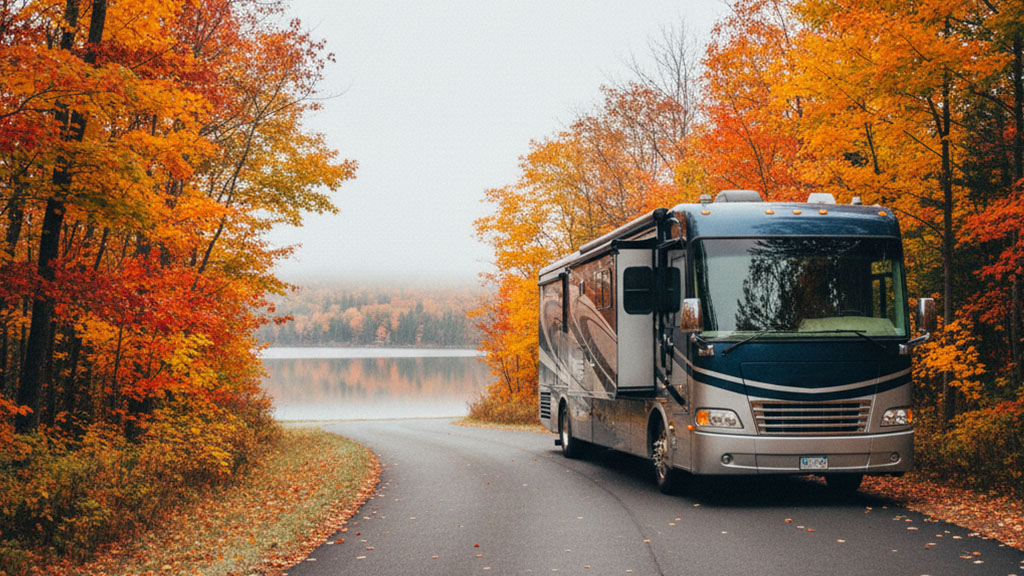 Autumn RV Trip: Scenic Fall Foliage Drive by the Lake - Ride Legal Luxury RV parked on a winding road surrounded by vibrant fall foliage with a serene lake in the background, showcasing autumn travel and RV adventures.