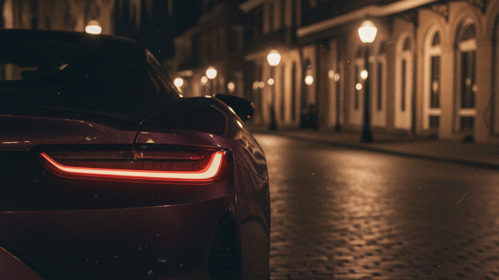 Rear view of a sleek sports car with illuminated taillights parked on a cobblestone street at night, with vintage streetlights lining the historic urban background.