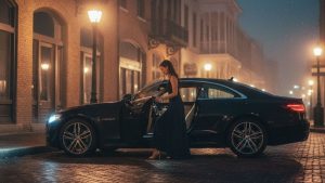 Elegant woman in a long dress stepping out of a luxurious black coupe on a cobblestone street at night, illuminated by vintage gas lamps, evoking a sophisticated urban scene.
