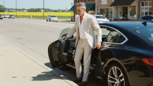 Stylish man in a light suit and sunglasses stepping out of a sleek black luxury car onto a sidewalk in a small town, with a yellow field and cars in the background.