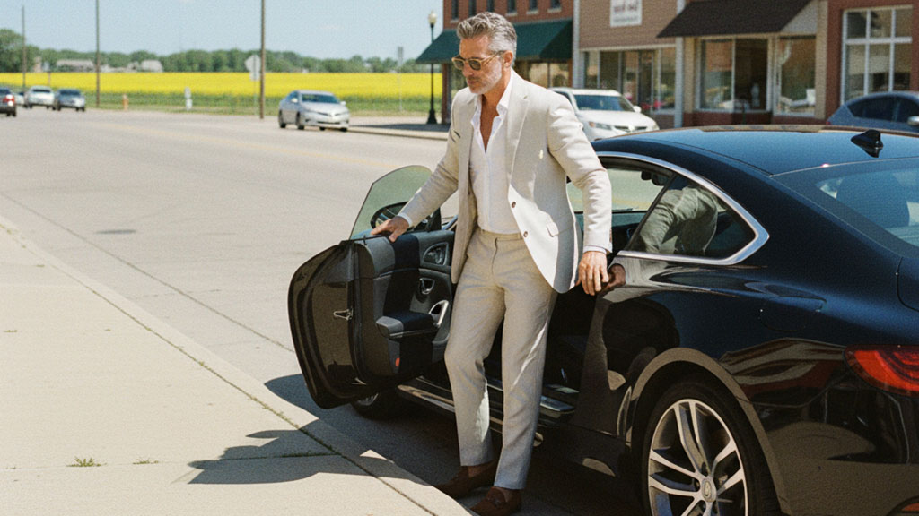 Suited Arrival: Man Exiting Luxury Car in Small Town Setting - Ride Legal Stylish man in a light suit and sunglasses stepping out of a sleek black luxury car onto a sidewalk in a small town, with a yellow field and cars in the background.