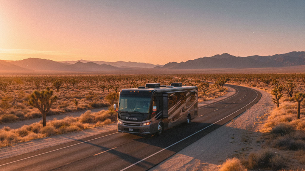 Desert Sunset RV Journey: Road Trip Through Joshua Tree Landscape - Ride Legal Large luxury RV driving on a winding desert road at sunset, surrounded by Joshua trees and mountains in the distance, capturing the essence of scenic road trips and adventure.
