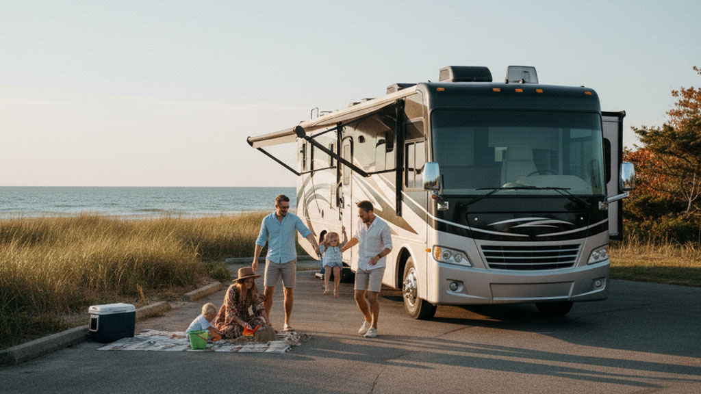A family with two young children enjoys a picnic next to their large Class A RV parked by the beach, with the ocean and dunes in the background at sunset.