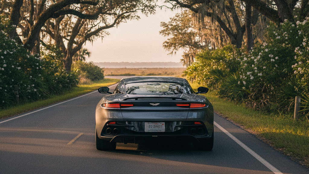 Rear view of a dark grey Aston Martin sports car driving down an scenic road framed by ancient oak trees draped with Spanish moss, heading towards a distant body of water at sunset.