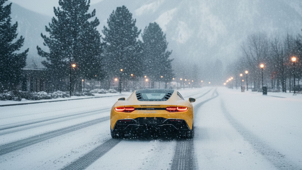 Rear view of a yellow Maserati sports car driving on a snow-covered road at night, with snow falling and streetlights illuminating the path through a mountain town.