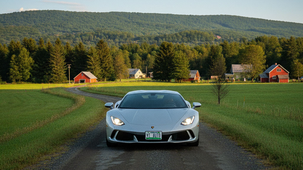 A silver Lamborghini Huracán Tecnica sports car parked on a gravel country road, facing forward with a picturesque rural landscape, red barns, green fields, and forested mountains in the background.