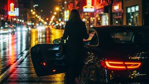 A woman in a dark coat opens the door of a luxurious black car on a wet city street at night, with vibrant neon lights and blurred traffic in the background.
