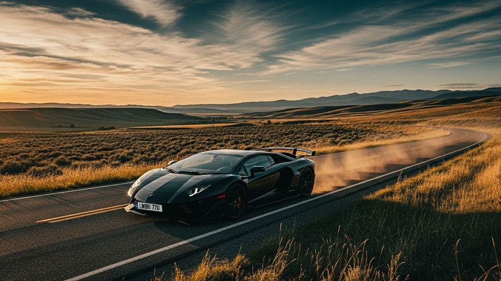 A sleek black Lamborghini sports car drives on a winding road through a vast, golden grassy landscape with rolling hills and mountains under a dramatic sunset sky, kicking up a trail of dust.