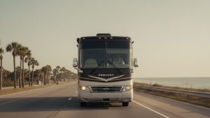 Prevost RV motorhome driving on coastal highway with palm trees and ocean.