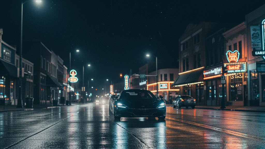 Dark luxury sports car driving down a wet city street at night with neon signs.
