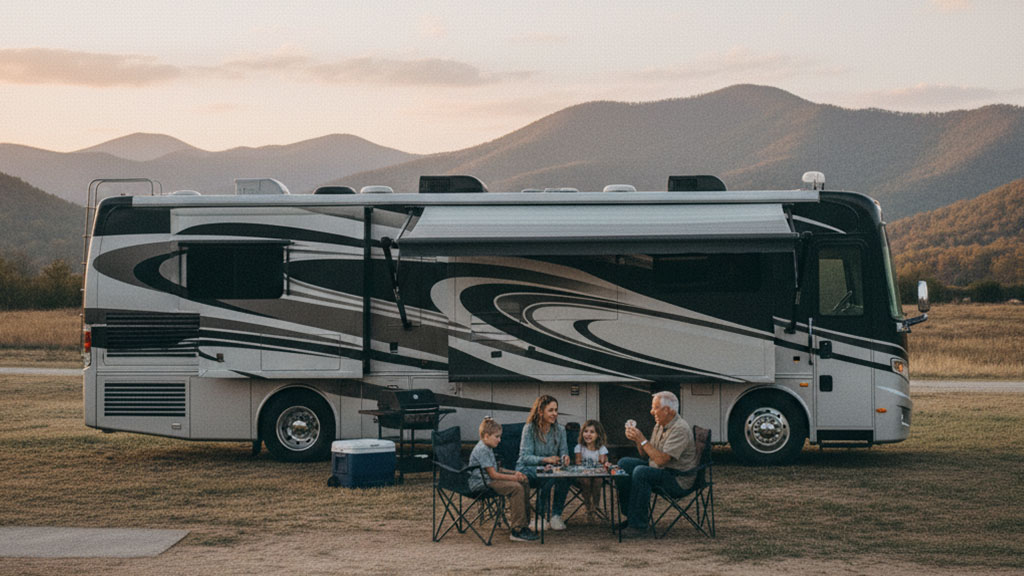 Family playing cards outside a large recreational vehicle (RV) or motorhome with mountains in the background at sunset.