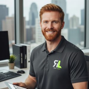 smiling man with red hair and a beard, wearing a dark gray polo shirt with a "Ride Legal" logo on the chest.